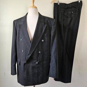 Vintage Chadmore 80s 90s Black Striped Double Breasted 2 Piece Power Suit 48R/36